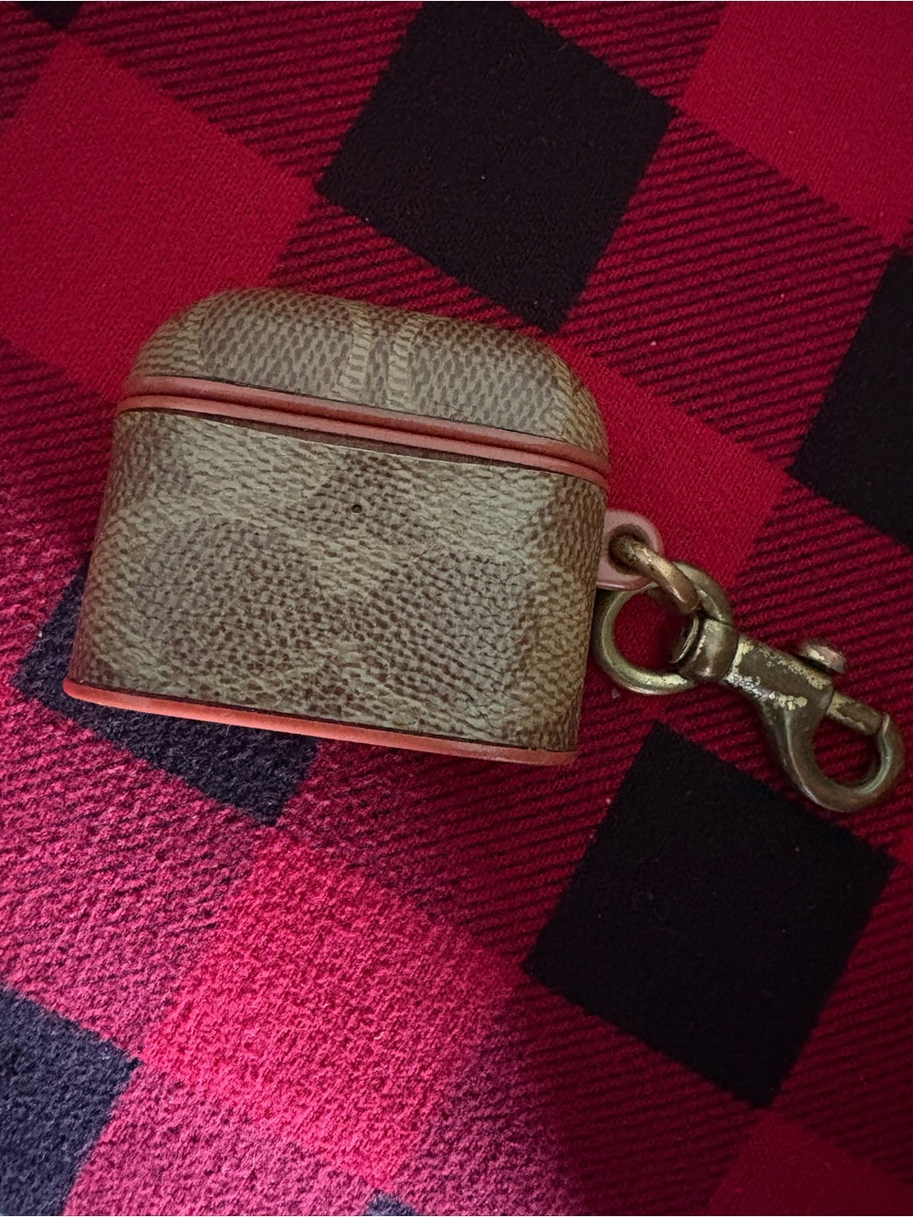 Coach Leather AirPod Pro Case Keychain - Brown with Coral Trim